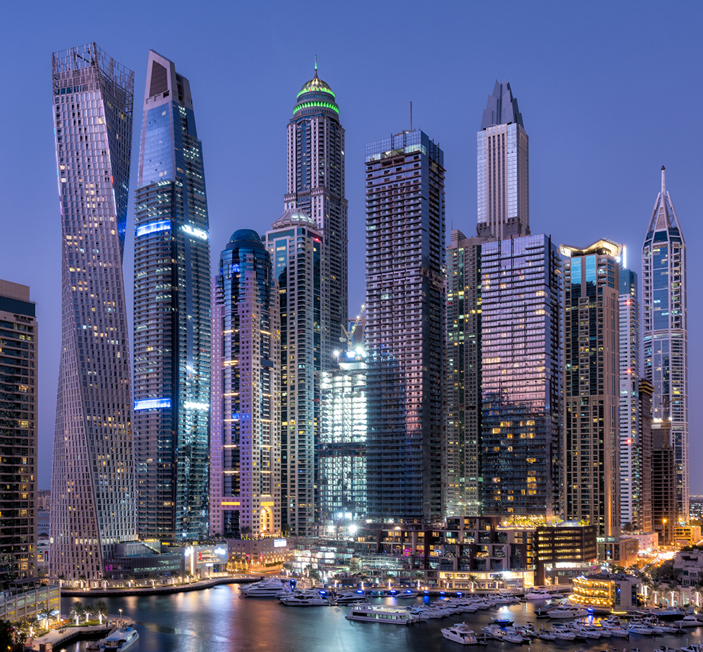 Night View of Dubai Architecture Complex.