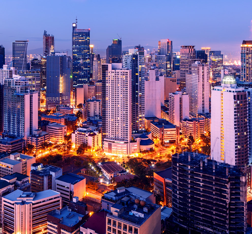 Elevated night view of Makati, the business district of Metro Manila.