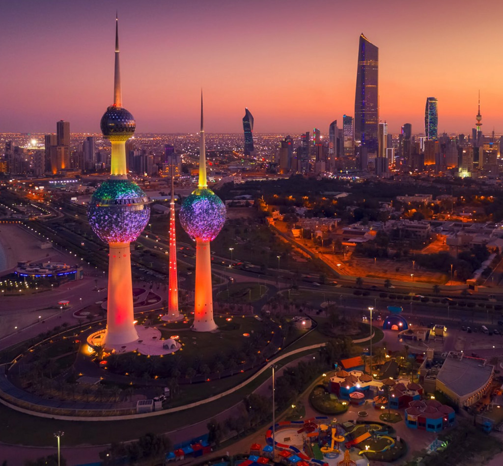 Panoramic view of Kuwait city at sunset.