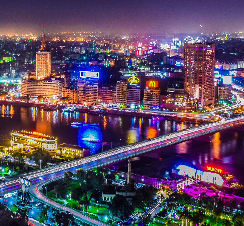 Aerial view of Cairo, Egypt showing the 6th October Bridge crossing over the Nile.