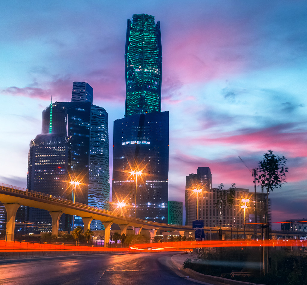 Sunset over the King Abdullah Financial District in the capital, Riyadh, Saudi Arabia.